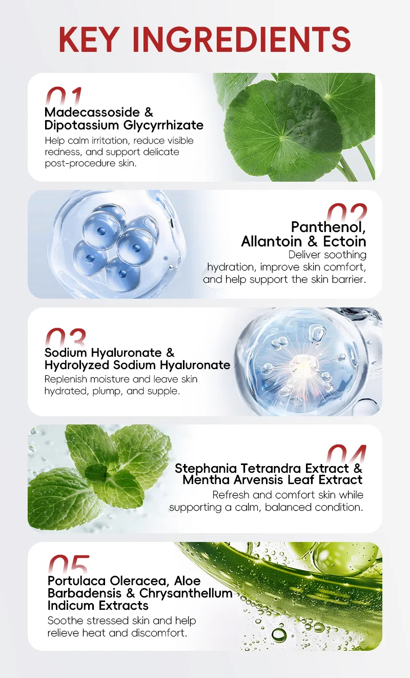 List of skincare ingredients including natural extracts like Madecassoside, Panthenol, Sodium Hyaluronate, Stephania Tetrandra, Aloe Barbadensis, and their benefits.